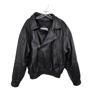 Vintage 90s Y2K Leather Bomber Biker Jacket Coat Mens LG Black Quilted Lining